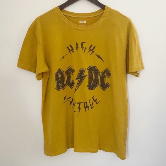 AC/DC | Tops | Nwot Acdc Yellow Distressed Glitter Band Tee | Poshmark